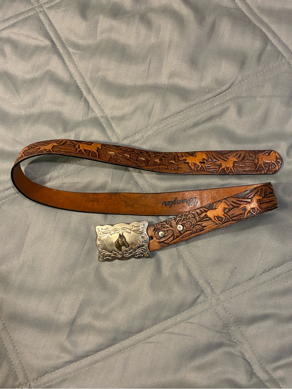 Wrangler Tooled Brown Leather Belt with Silver Horse Buckle